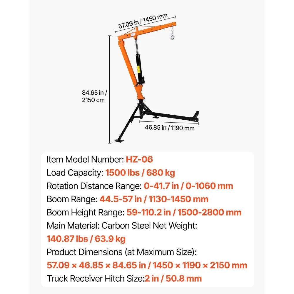 VEVOR Truck Crane, 1500 lbs Pickup Hitch Crane Trailer Hitch Mounted, Manual Hydraulic with 12T Hydraulic Jack, 360° Swivel Telescopic Boom, Foldable Truck Bed Jib for Machine Lumber Equipment Lifting