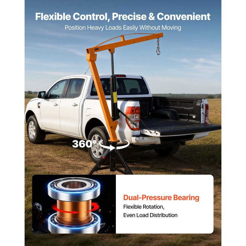 VEVOR Truck Crane, 1000 lbs Pickup Hitch Crane Trailer Hitch Mounted, Manual Hydraulic with 8T Hydraulic Jack, 360° Rotating Telescopic Boom,Foldable Truck Bed Jib for Machine Lumber Equipment Lifting
