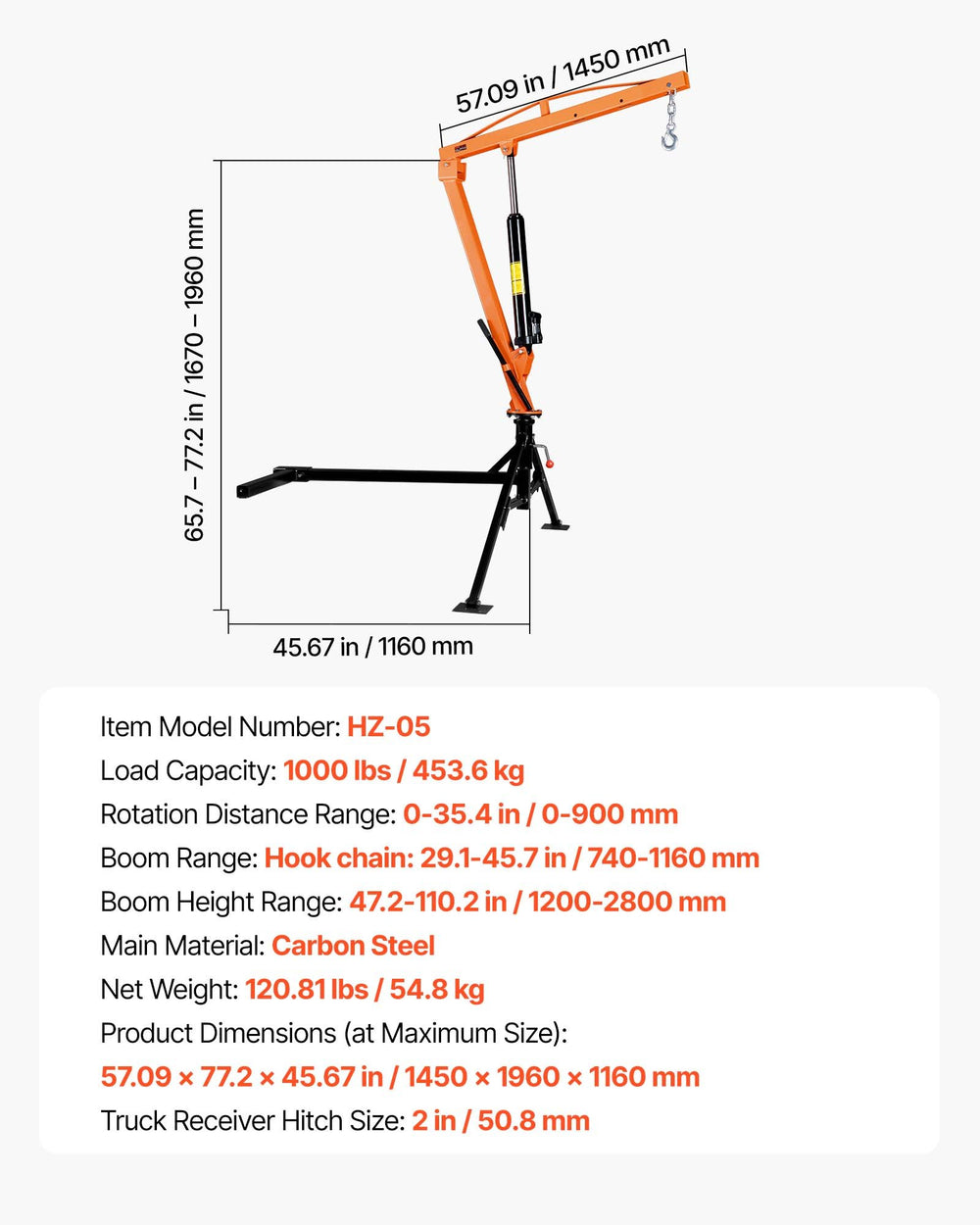 VEVOR Truck Crane, 1000 lbs Pickup Hitch Crane Trailer Hitch Mounted, Manual Hydraulic with 8T Hydraulic Jack, 360° Rotating Telescopic Boom,Foldable Truck Bed Jib for Machine Lumber Equipment Lifting