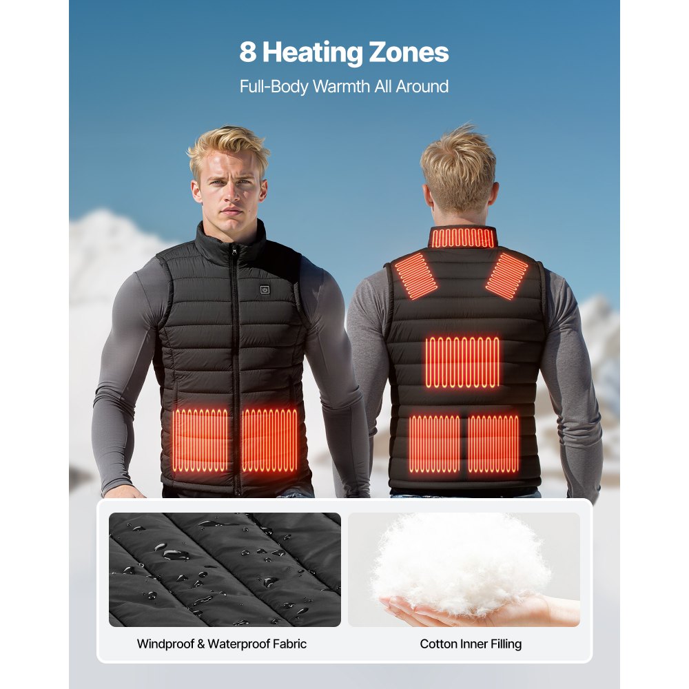 VEVOR Heated Vest, Men Electric Heating Vest with 16000 mAh Battery Pack, 8 Heating Zones Lightweight Rechargeable Winter-Vest with 3 Levels, for Outdoor Hiking Camping Fishing Skiing, Size L