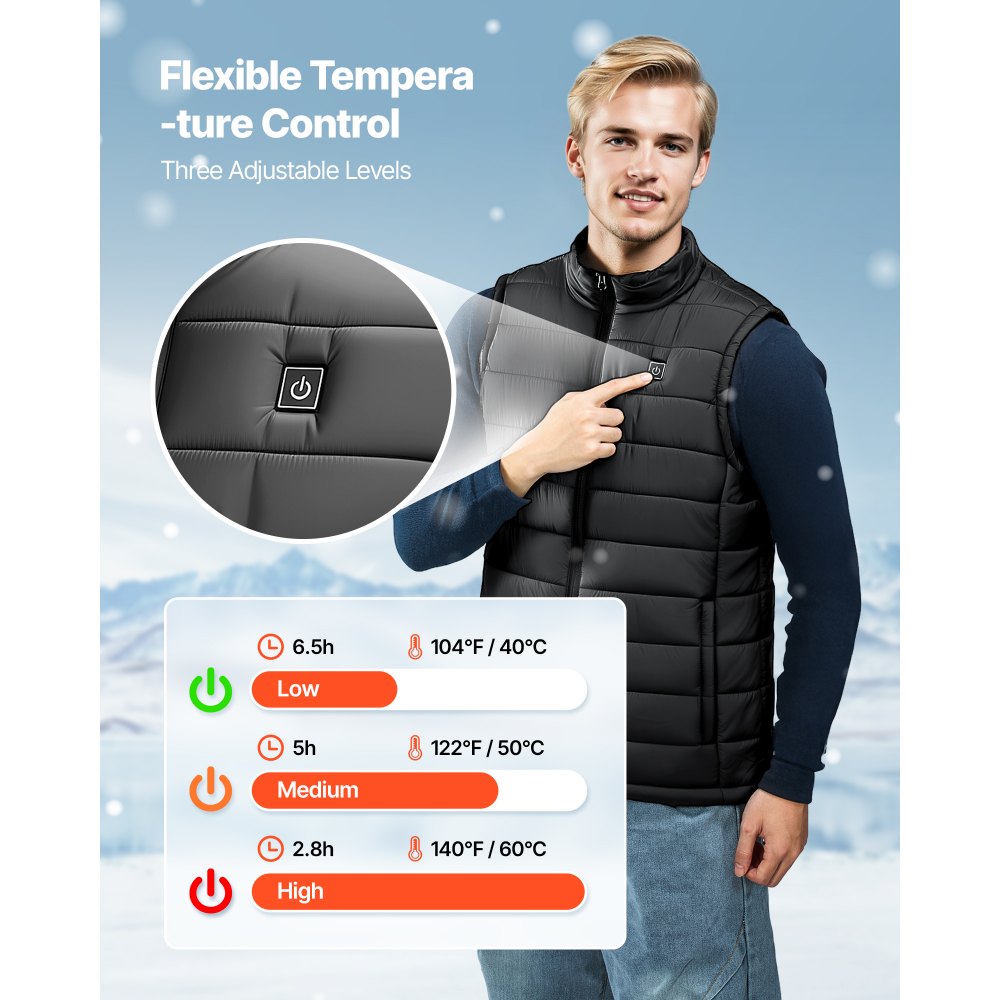 VEVOR Heated Vest, Men Electric Heating Vest with 16000 mAh Battery Pack, 8 Heating Zones Lightweight Rechargeable Winter-Vest with 3 Levels, for Outdoor Hiking Camping Fishing Skiing, Size L