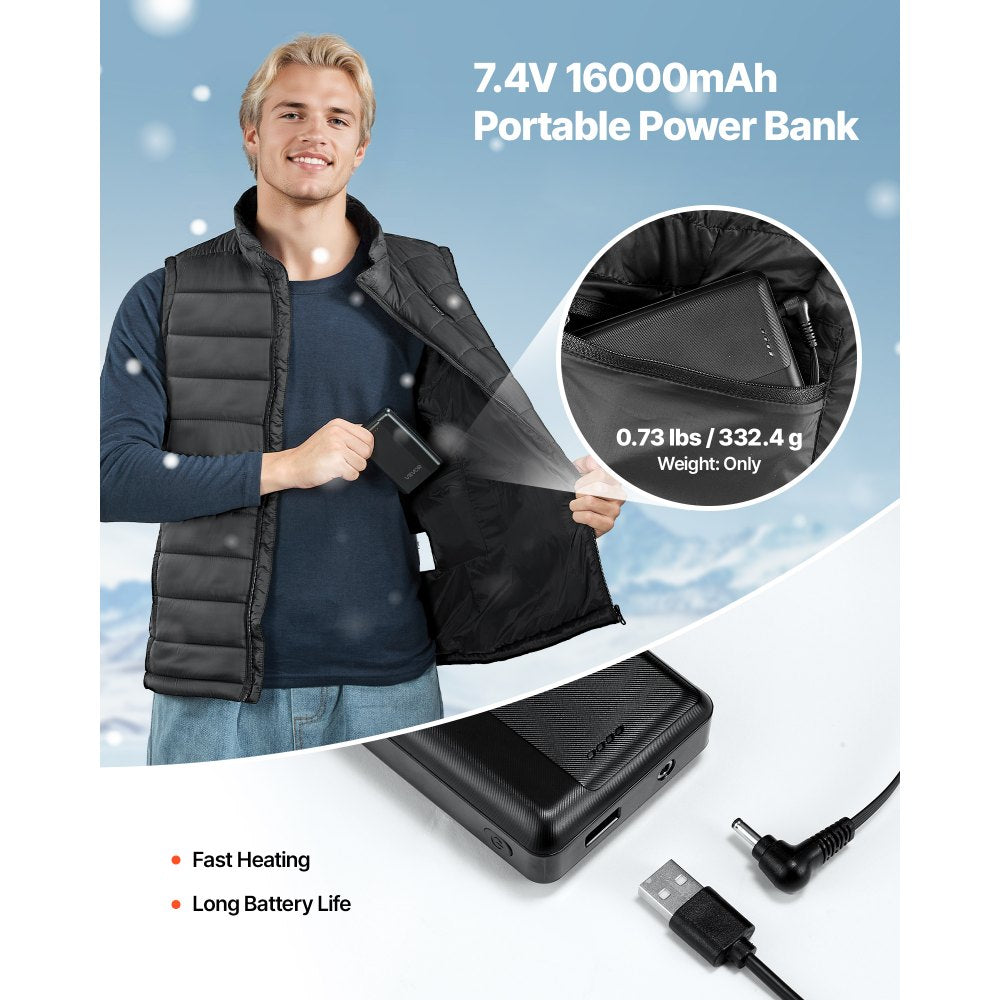 VEVOR Heated Vest, Men Electric Heating Vest with 16000 mAh Battery Pack, 8 Heating Zones Lightweight Rechargeable Winter-Vest with 3 Levels, for Outdoor Hiking Camping Fishing Skiing, Size L