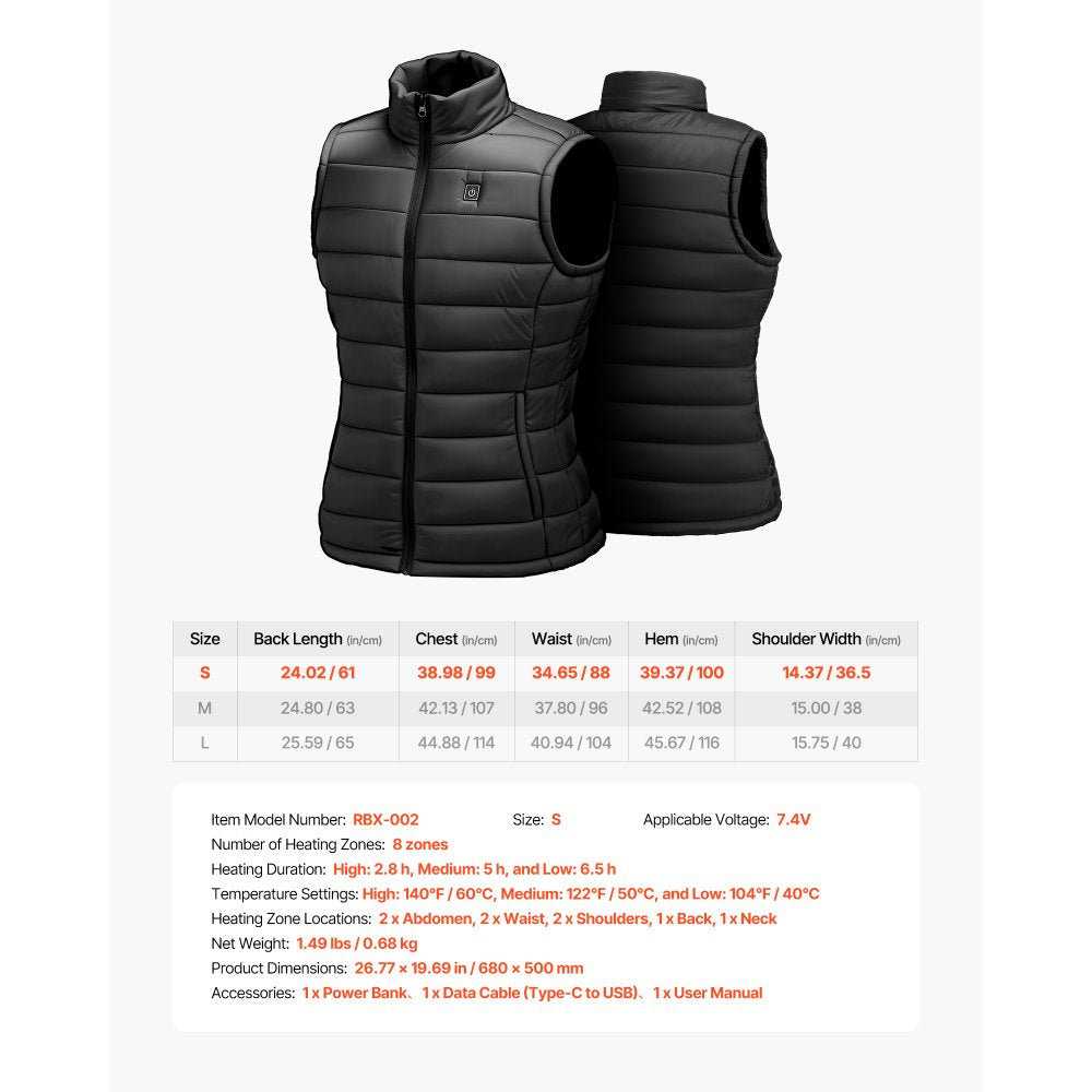 VEVOR Heated Vest, Women Electric Heating Vest with 16000 mAh Battery Pack, 8 Heating Zones Lightweight Rechargeable Winter-Vest with 3 Levels, for Outdoor Hiking Camping Fishing Skiing, Size S