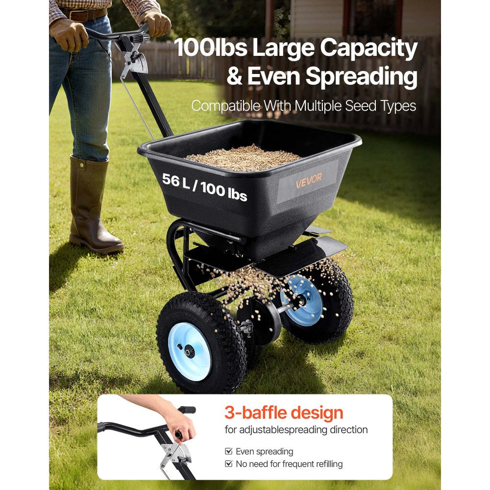 VEVOR Broadcast Spreader, 100LBS4Capacity, Walk-Behind Push Spreader, 0-9.8ft Spreading Width, 13 in All Terrain Pneumatic Tires, Lawn Spreaders with Hopper Grate, for Seed, Fertilizer, Salt, Ice Melt
