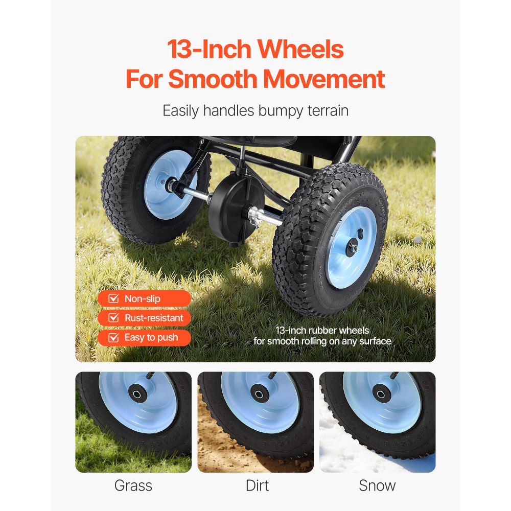 VEVOR Broadcast Spreader, 100LBS4Capacity, Walk-Behind Push Spreader, 0-9.8ft Spreading Width, 13 in All Terrain Pneumatic Tires, Lawn Spreaders with Hopper Grate, for Seed, Fertilizer, Salt, Ice Melt