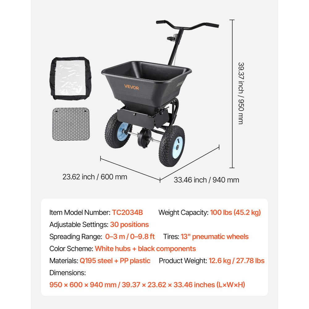VEVOR Broadcast Spreader, 100LBS4Capacity, Walk-Behind Push Spreader, 0-9.8ft Spreading Width, 13 in All Terrain Pneumatic Tires, Lawn Spreaders with Hopper Grate, for Seed, Fertilizer, Salt, Ice Melt