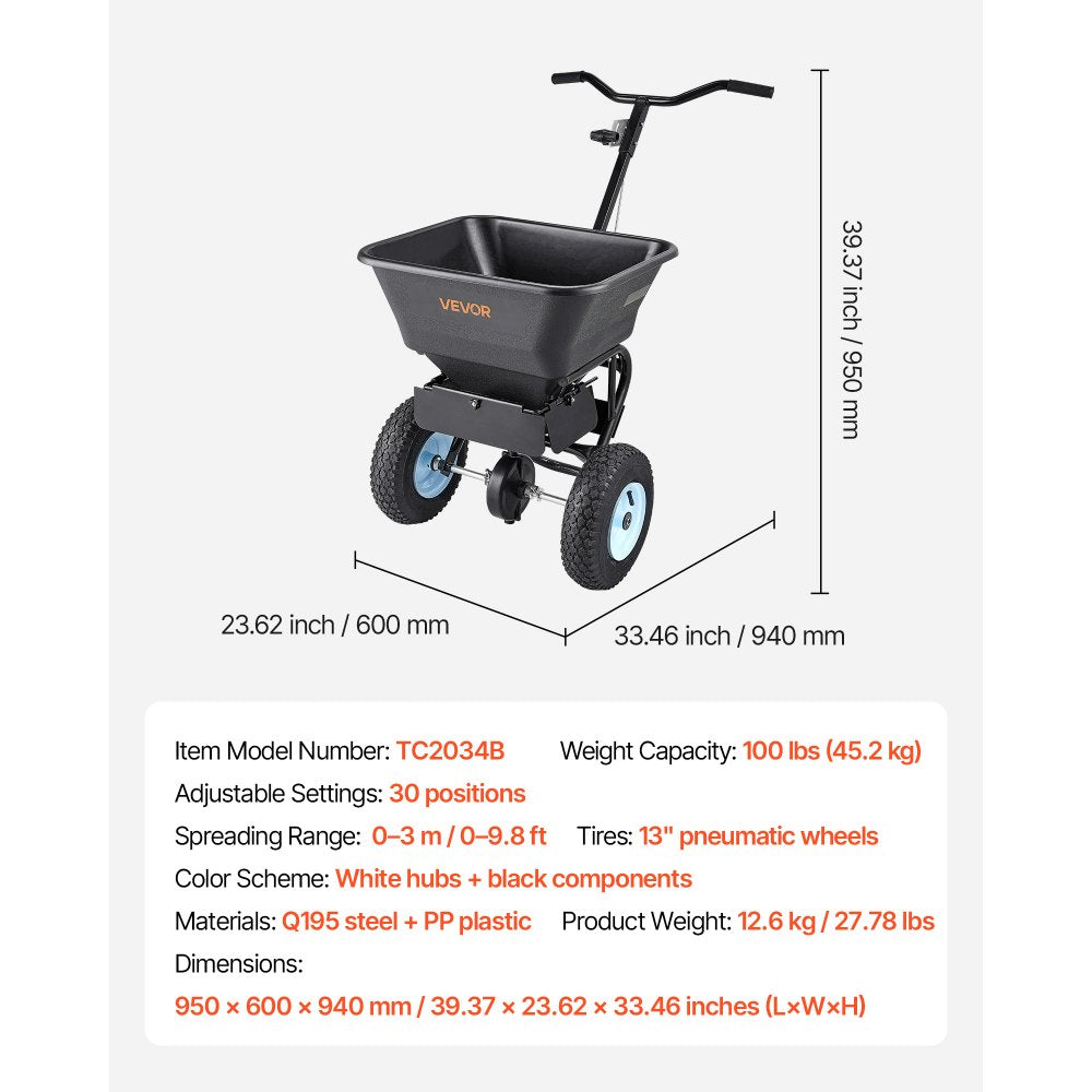VEVOR Lawn Spreader, 100LBS Capacity, Walk-Behind Push Spreader, 0-9.8ft Spreading Width, 13 in All Terrain Pneumatic Tires, Fertilizer Spreaders with Hopper Grate, for Seed Salt Ice Melt