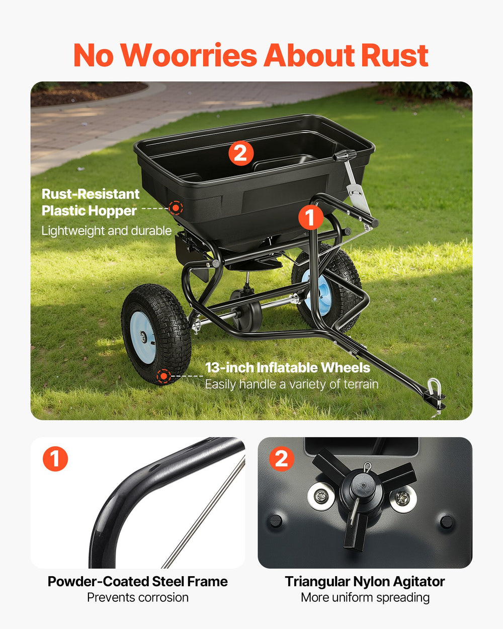 VEVOR Tow Behind Broadcast Spreader, 130LBS Capacity, Tow/Push Garden Spreader with 13 in Tires, 30 Adjustable Setting & 9.8 ft Spreading Width, Lawn Spreaders for Seed, Fertilizer, Salt, Ice Melt