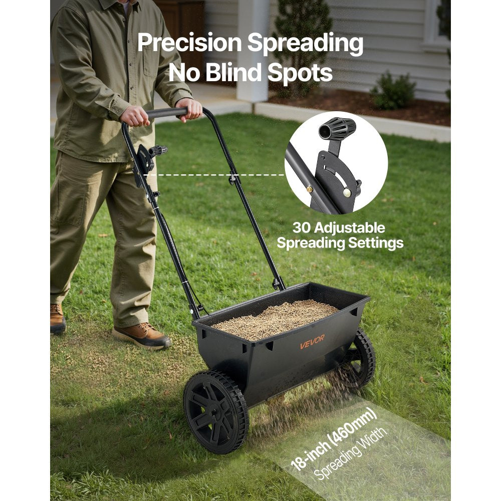 VEVOR Lawn Drop Spreader, 50LBS Capacity, Walk-Behind Push Spreader, 18 in Spreading Width, 10 in All Terrain Pneumatic Tires, Lawn Spreaders with Hopper Grate, for Seed, Fertilizer, Salt, Ice Melt