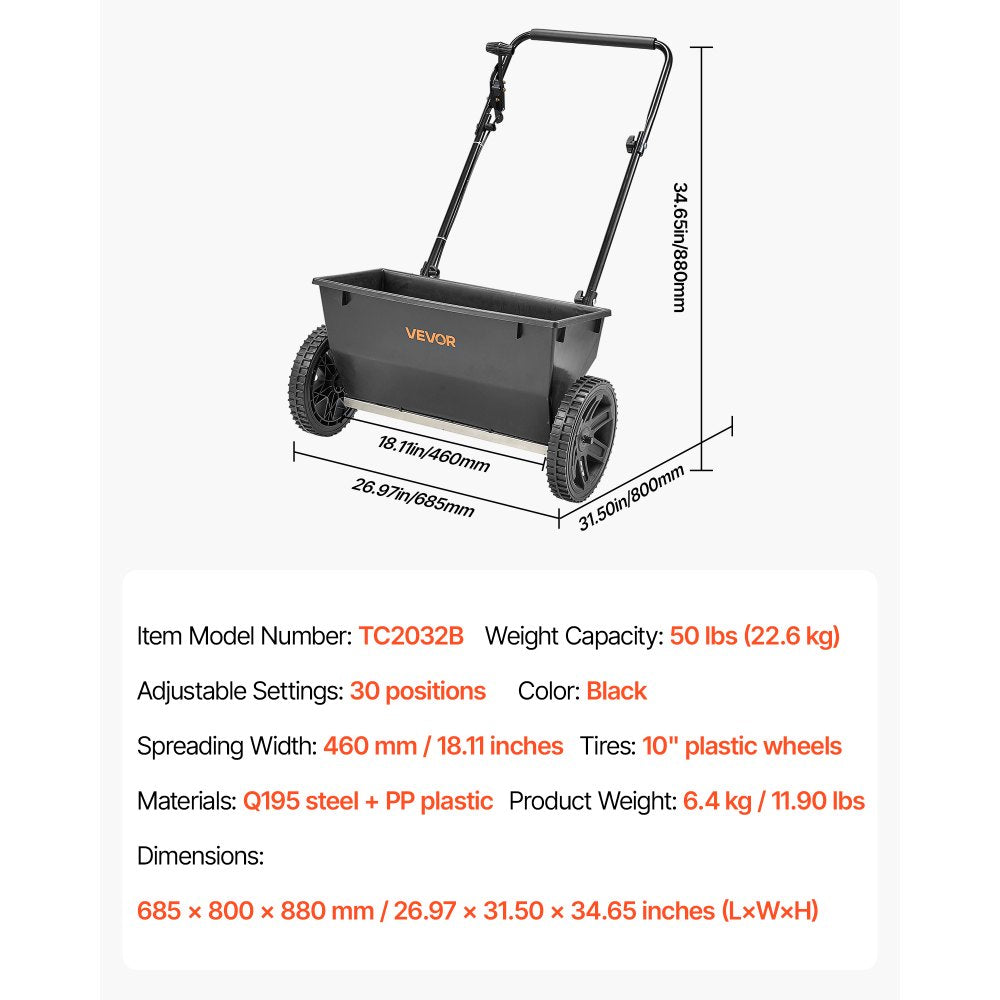 VEVOR Lawn Drop Spreader, 50LBS Capacity, Walk-Behind Push Spreader, 18 in Spreading Width, 10 in All Terrain Pneumatic Tires, Lawn Spreaders with Hopper Grate, for Seed, Fertilizer, Salt, Ice Melt