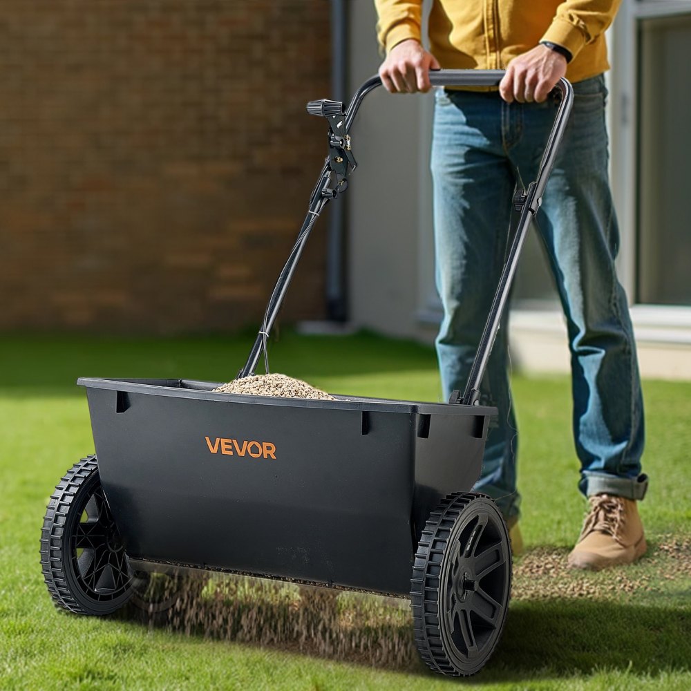 VEVOR Lawn Drop Spreader, 50LBS Capacity, Walk-Behind Push Spreader, 18 in Spreading Width, 10 in All Terrain Pneumatic Tires, Lawn Spreaders with Hopper Grate, for Seed, Fertilizer, Salt, Ice Melt