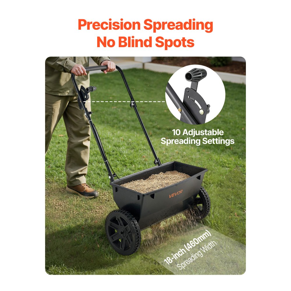 VEVOR Walk-Behind Push Spreader, 50LBS Capacity, Drop Spreader with Hopper Grate, 18 in Spreading Width & 30 Settings, 10 in All Terrain Tires, Garden & Lawn Spreaders for Seed, Fertilizer, Salt