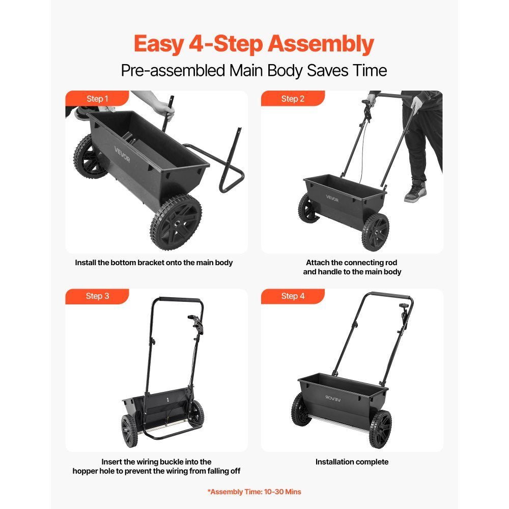 VEVOR Walk-Behind Push Spreader, 50LBS Capacity, Drop Spreader with Hopper Grate, 18 in Spreading Width & 30 Settings, 10 in All Terrain Tires, Garden & Lawn Spreaders for Seed, Fertilizer, Salt
