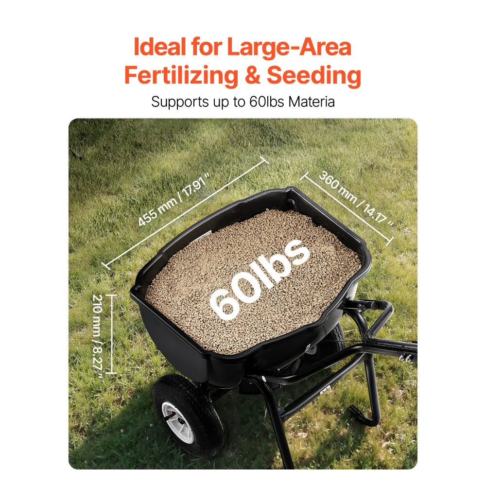 VEVOR Walk Behind Spreader, 60LBS Capacity, Push Spreader with Hopper Grate, 0-9.8 ft Spreading Width, 8 in All Terrain Pneumatic Tires, Garden & Lawn Broadcast Spreaders, for Seed, Fertilizer