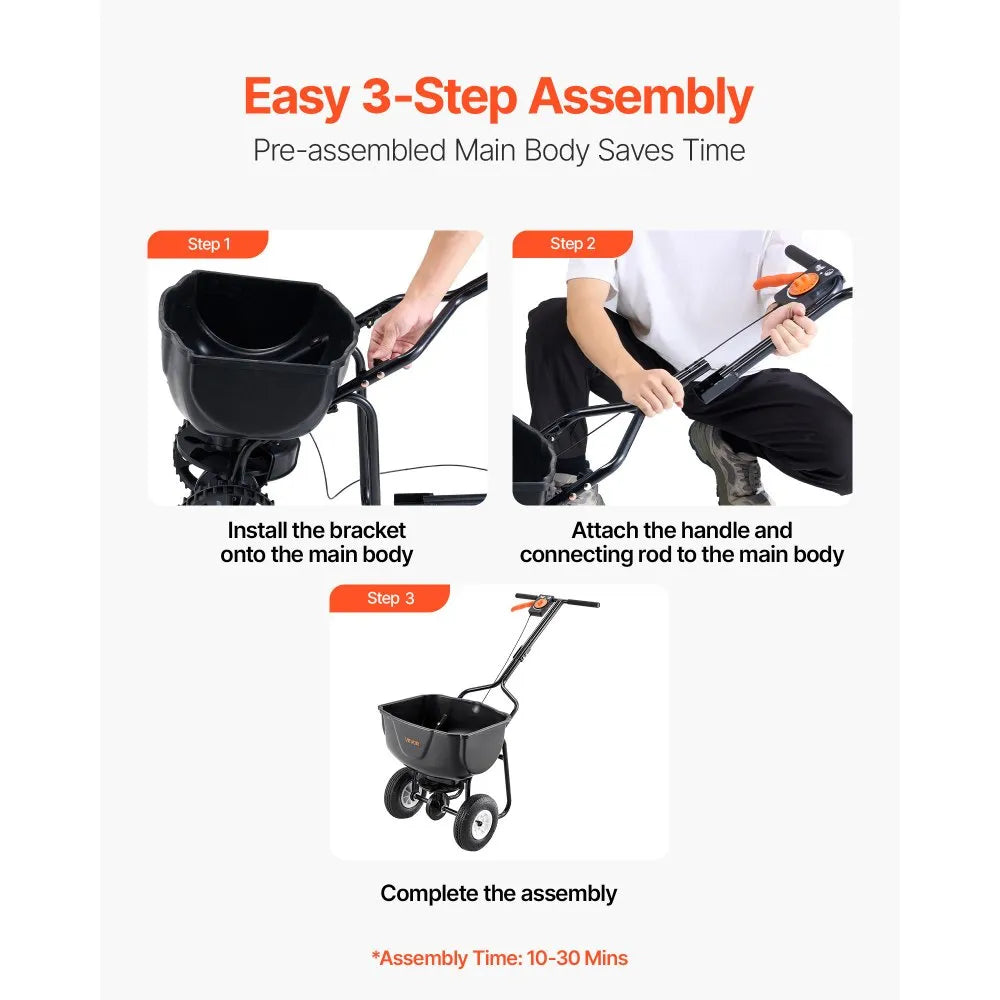 VEVOR Walk Behind Spreader, 60LBS Capacity, Push Spreader with Hopper Grate, 0-9.8 ft Spreading Width, 8 in All Terrain Pneumatic Tires, Garden & Lawn Broadcast Spreaders, for Seed, Fertilizer