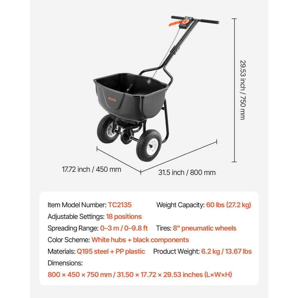 VEVOR Walk Behind Spreader, 60LBS Capacity, Push Spreader with Hopper Grate, 0-9.8 ft Spreading Width, 8 in All Terrain Pneumatic Tires, Garden & Lawn Broadcast Spreaders, for Seed, Fertilizer