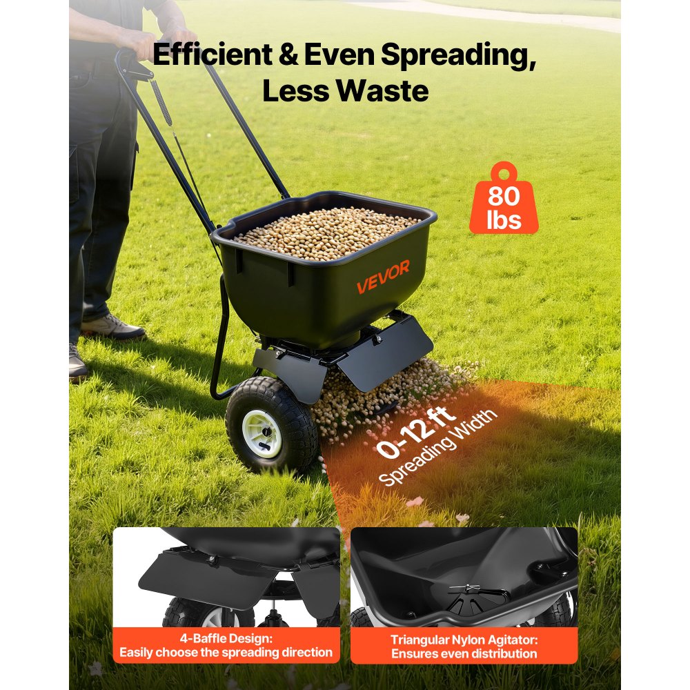 VEVOR Push Lawn Spreader, 12ft Spreading Width, Broadcast Spreader with 80lbs Load Capacity & 10 in All-Terrain Tires, Walk-Behind Garden & Lawn Broadcast Spreaders for Seed Fertilizer, Salt Ice Melt