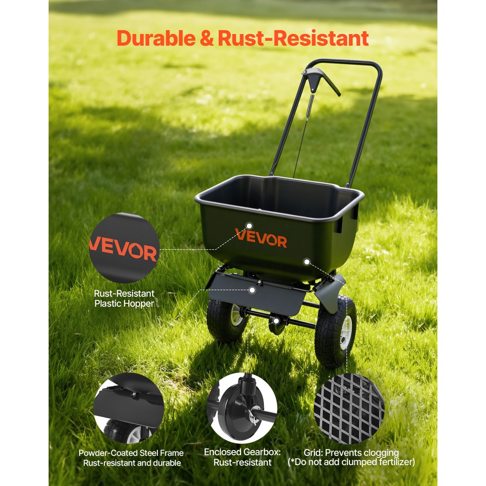 VEVOR Push Lawn Spreader, 12ft Spreading Width, Broadcast Spreader with 80lbs Load Capacity & 10 in All-Terrain Tires, Walk-Behind Garden & Lawn Broadcast Spreaders for Seed Fertilizer, Salt Ice Melt