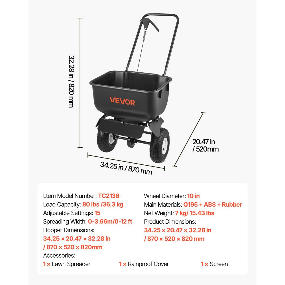 VEVOR Push Lawn Spreader, 12ft Spreading Width, Broadcast Spreader with 80lbs Load Capacity & 10 in All-Terrain Tires, Walk-Behind Garden & Lawn Broadcast Spreaders for Seed Fertilizer, Salt Ice Melt