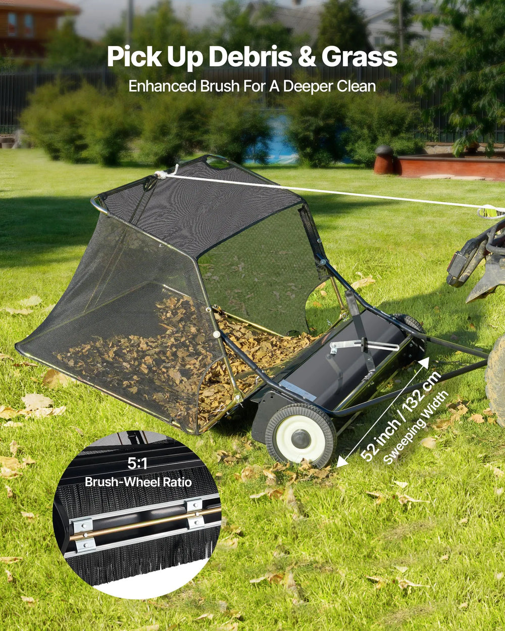 VEVOR yard sweeper - picks up debris and grass with 52-inch sweeping width (brush-wheel ratio 5:1)