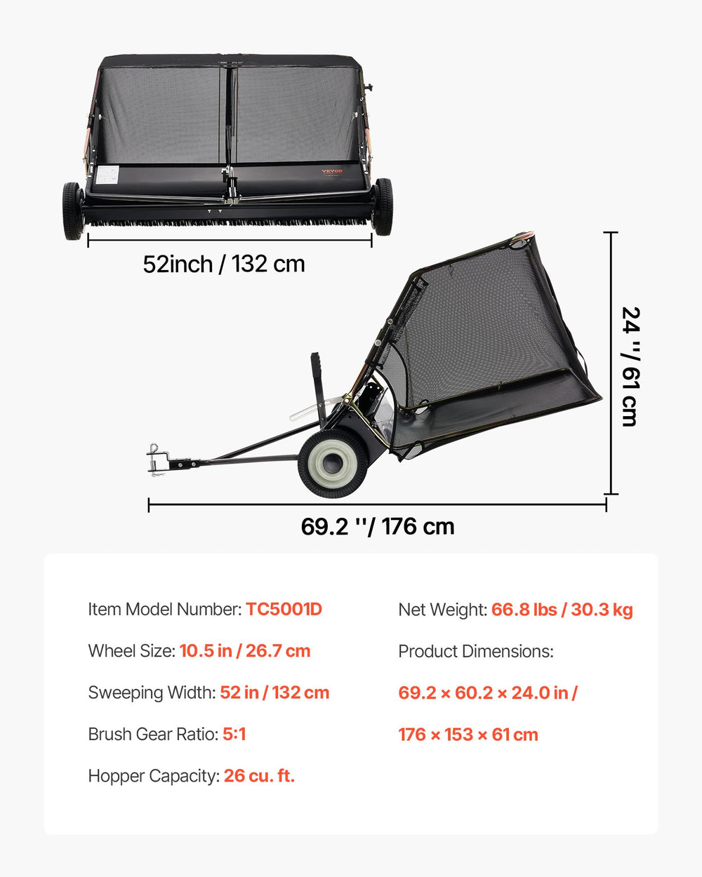 VEVOR TC5001D lawn sweeper - dimensions and key specifications graphic