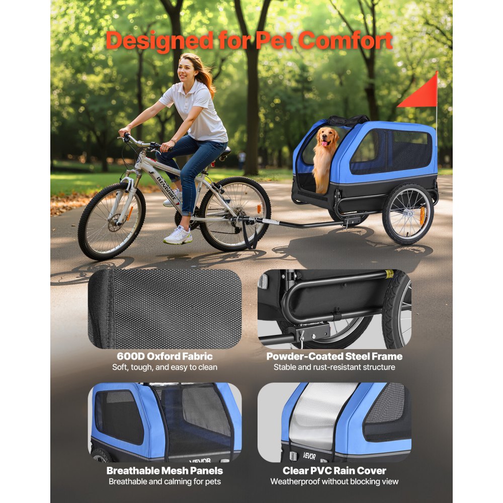 VEVOR Dog Bike Trailer, Supports up to 88 lbs, Pet Cart Bicycle Carrier for Small & Large Dogs, Easy Folding Frame with Quick Release Wheel, Universal Bicycle Coupler, Reflector, Flag, Internal Leash