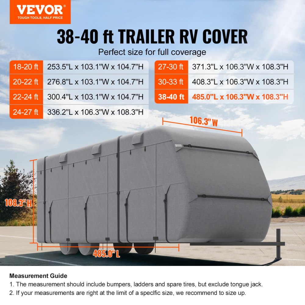 VEVOR Travel Trailer Cover, 38-40 ft RV Cover, 4-Layer Non-Woven Fabric Camper Cover, Waterproof, Windproof and Rip-Stop Class A RV Cover, with Storage Bag, Repair Patches, Straps and Tire Covers