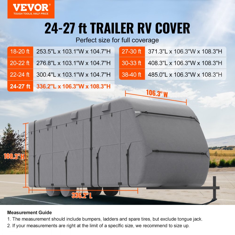 VEVOR Travel Trailer Cover, 24-27 ft RV Cover, 4-Layer Non-Woven Fabric Camper Cover, Waterproof, Windproof and Rip-Stop Class A RV Cover, with Storage Bag, Repair Patches, Straps and Tire Covers