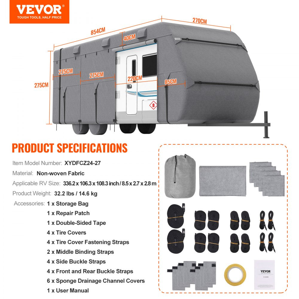 VEVOR Travel Trailer Cover, 24-27 ft RV Cover, 4-Layer Non-Woven Fabric Camper Cover, Waterproof, Windproof and Rip-Stop Class A RV Cover, with Storage Bag, Repair Patches, Straps and Tire Covers