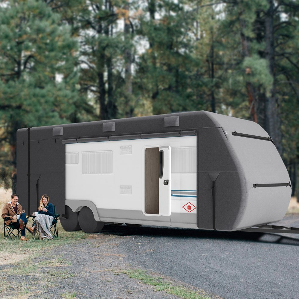 VEVOR Travel Trailer Cover, 24-27 ft RV Cover, 4-Layer Non-Woven Fabric Camper Cover, Waterproof, Windproof and Rip-Stop Class A RV Cover, with Storage Bag, Repair Patches, Straps and Tire Covers