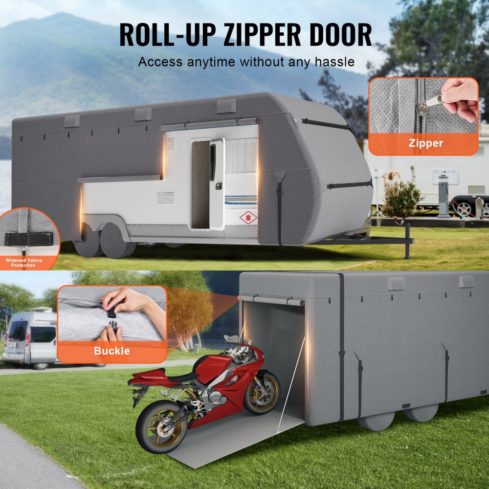 VEVOR Travel Trailer Cover, 18-20 ft RV Cover, 4-Layer Non-Woven Fabric Camper Cover, Waterproof, Windproof and Rip-Stop Class A RV Cover, with Storage Bag, Repair Patches, Straps and Tire Covers