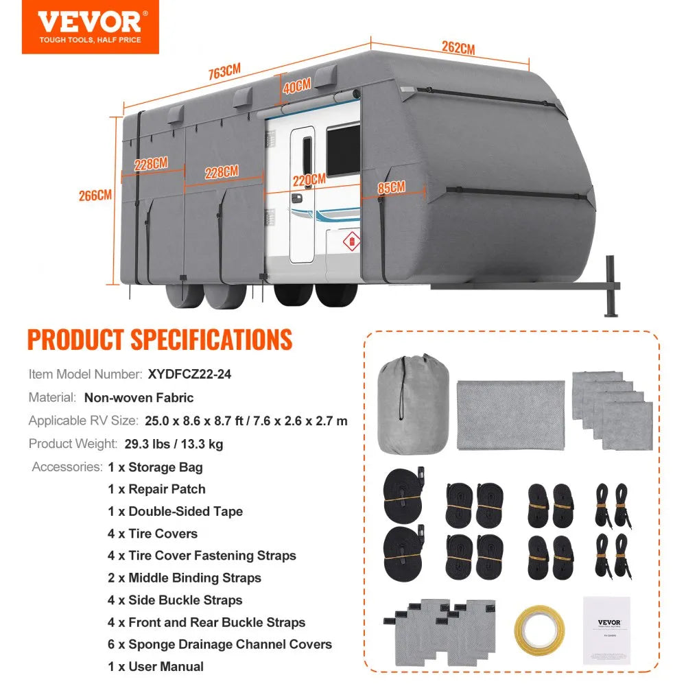 VEVOR Travel Trailer Cover, 22-24 ft RV Cover, 4-Layer Non-Woven Fabric Camper Cover, Waterproof, Windproof and Rip-Stop Class A RV Cover, with Storage Bag, Repair Patches, Straps and Tire Covers