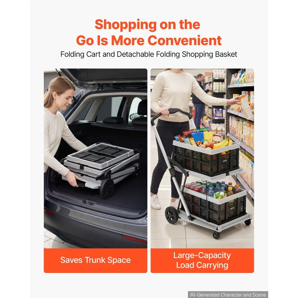VEVOR Collapsible Shopping Cart with Wheels Foldable for Grocery Black Gray, 200lbs Capacity Rolling Utility Cart, Storage Crate & Foot Brake, Portable Folding for Groceries, Warehouse, Supermarket
