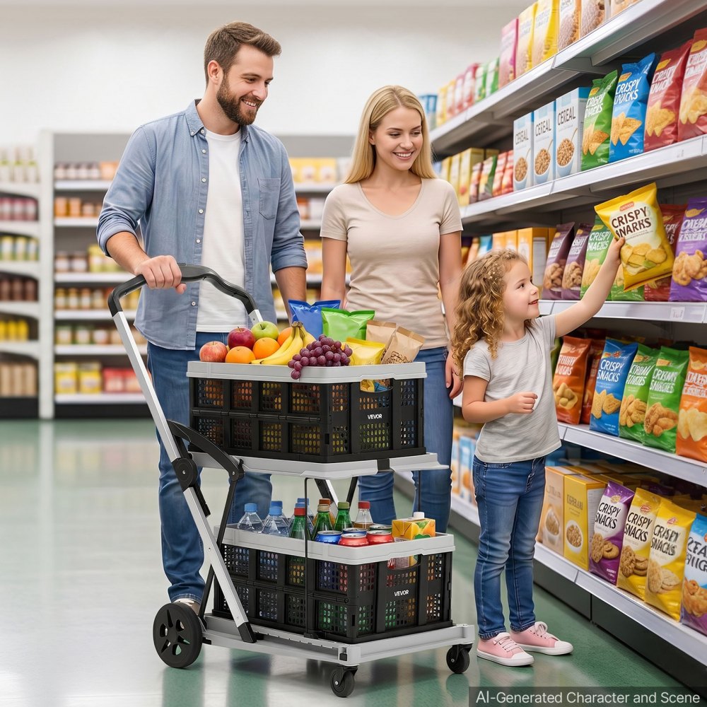 VEVOR Collapsible Shopping Cart with Wheels Foldable for Grocery Black Gray, 200lbs Capacity Rolling Utility Cart, Storage Crate & Foot Brake, Portable Folding for Groceries, Warehouse, Supermarket
