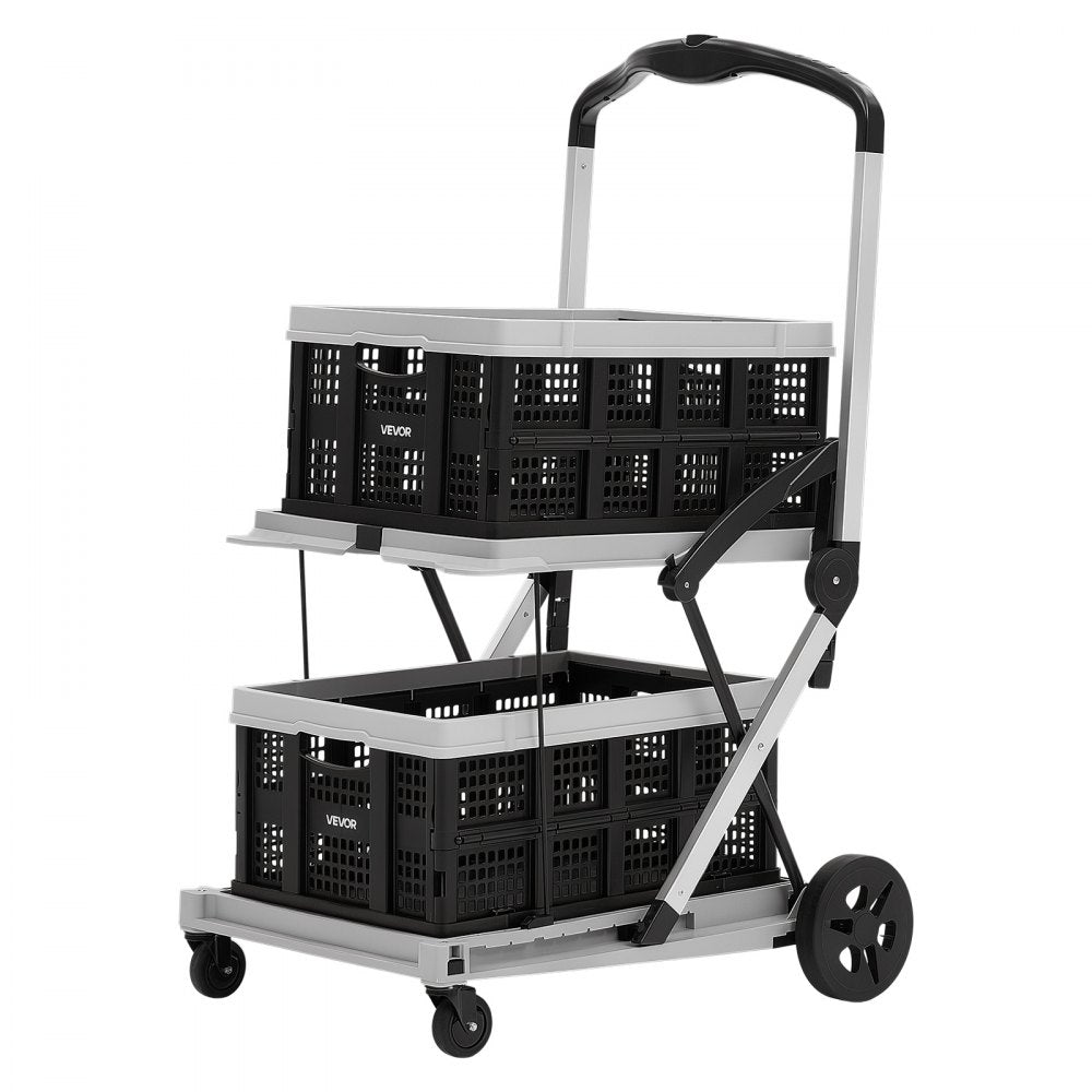 VEVOR Collapsible Shopping Cart with Wheels Foldable for Grocery Black Gray, 200lbs Capacity Rolling Utility Cart, Storage Crate & Foot Brake, Portable Folding for Groceries, Warehouse, Supermarket