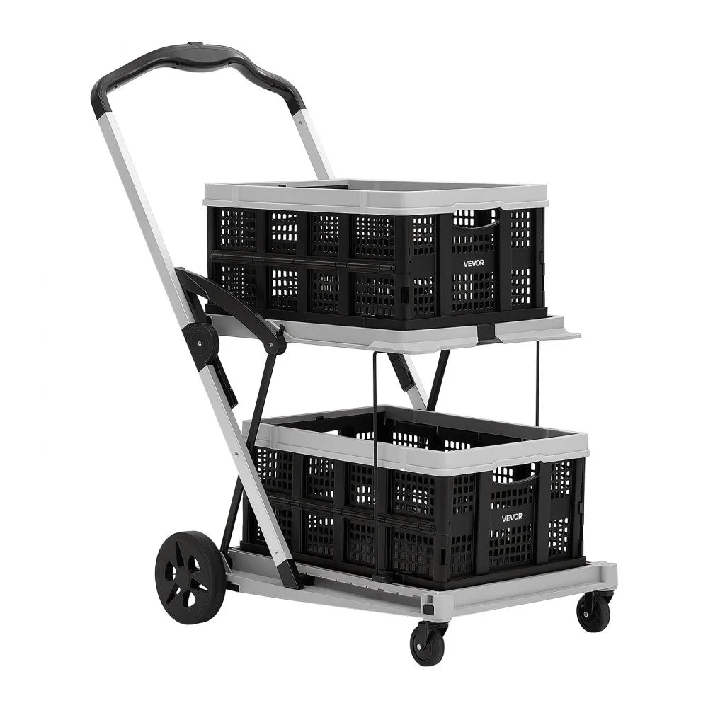 VEVOR Collapsible Shopping Cart with Wheels Foldable for Grocery Black Gray, 200lbs Capacity Rolling Utility Cart, Storage Crate & Foot Brake, Portable Folding for Groceries, Warehouse, Supermarket