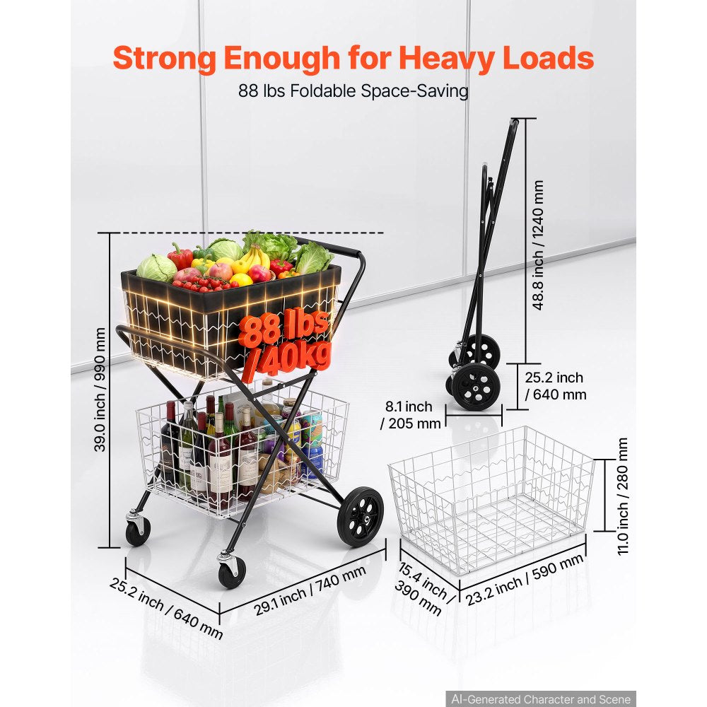 VEVOR Shopping Cart 2-Tier with Wheels Foldable for Grocery 88lbs Capacity, Heavy Duty Utility Cart with 2 Detachable Storage Baskets, 360° Rolling Swivel Wheels, for Groceries, Warehouse, Supermarket