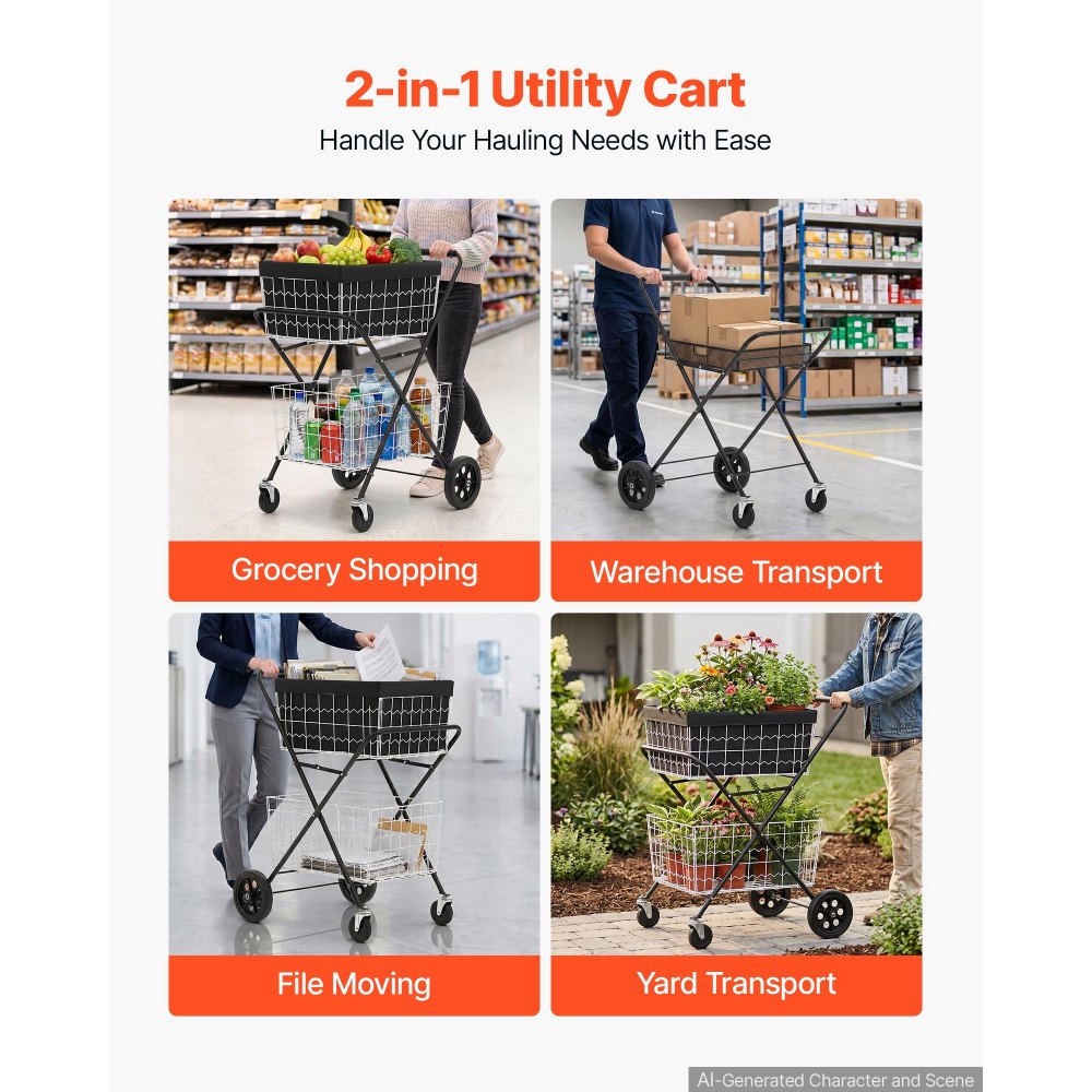 VEVOR Shopping Cart 2-Tier with Wheels Foldable for Grocery 88lbs Capacity, Heavy Duty Utility Cart with 2 Detachable Storage Baskets, 360° Rolling Swivel Wheels, for Groceries, Warehouse, Supermarket