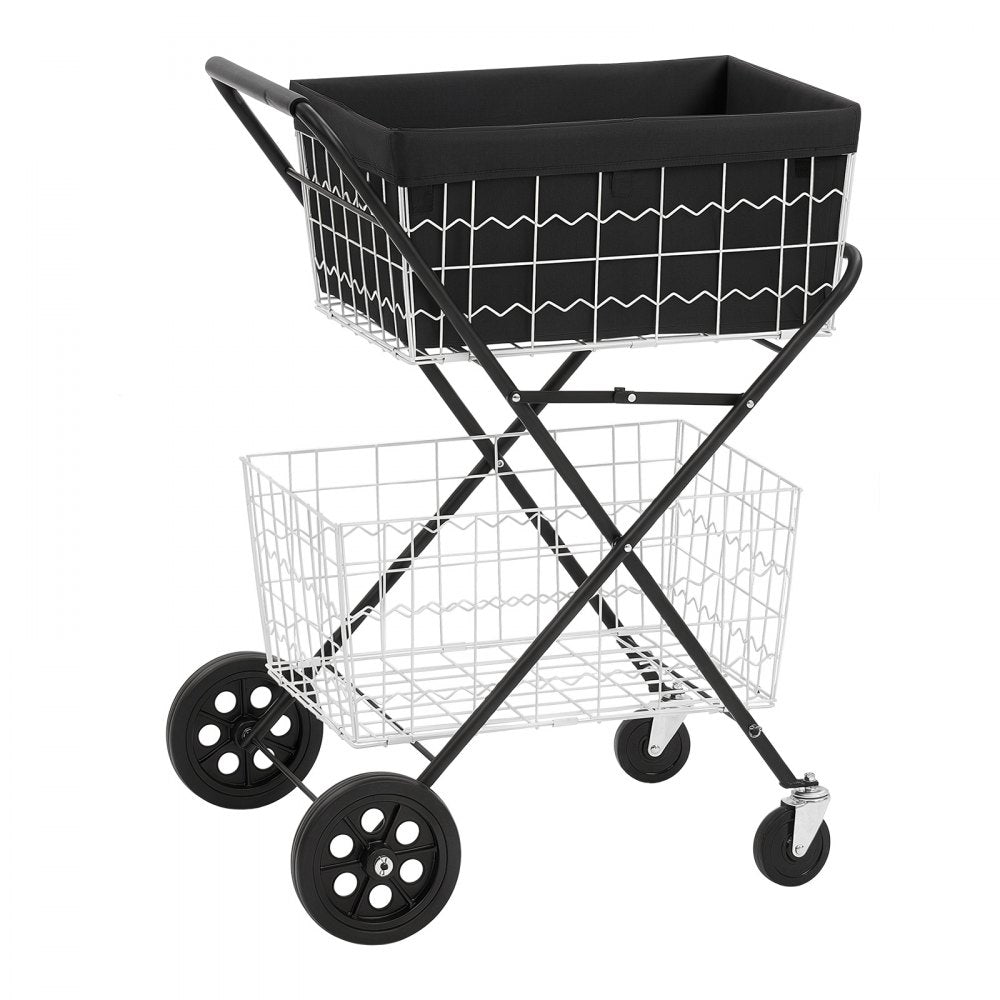 VEVOR Shopping Cart 2-Tier with Wheels Foldable for Grocery 88lbs Capacity, Heavy Duty Utility Cart with 2 Detachable Storage Baskets, 360° Rolling Swivel Wheels, for Groceries, Warehouse, Supermarket