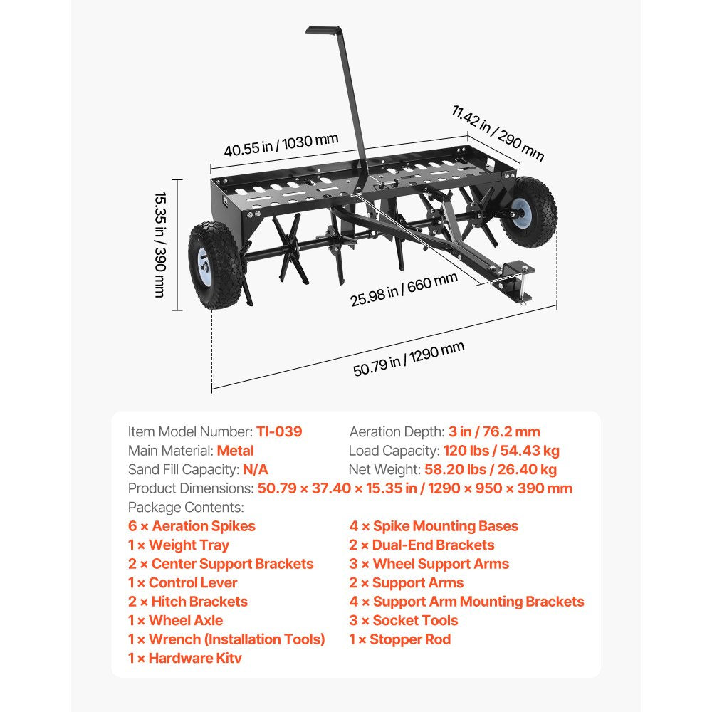 VEVOR Tow Behind Plug Aerator, 40 in Lawn Core Aerator Tool Universal Hitch, 120lbs Weight Capacity, Heavy Duty  & Rust-Resistant, Pull Behind Spike Aerators with Tray for Farmland & Garden Tractors