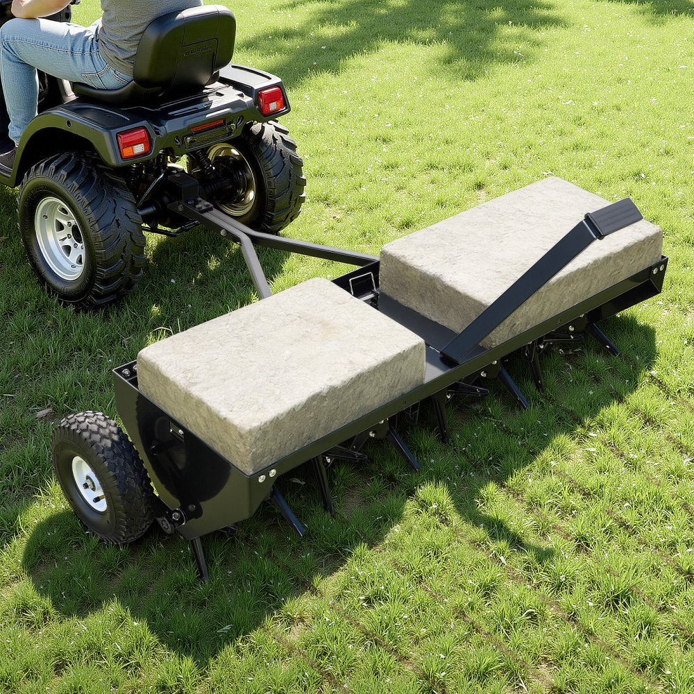 VEVOR Tow Behind Plug Aerator, 48 in Lawn Core Aerator Tool Universal Hitch, 150lbs Weight Capacity, Heavy Duty Pull Behind Spike Aerators with Tray & 10.6 in Wheels, for Farmland & Garden Tractors