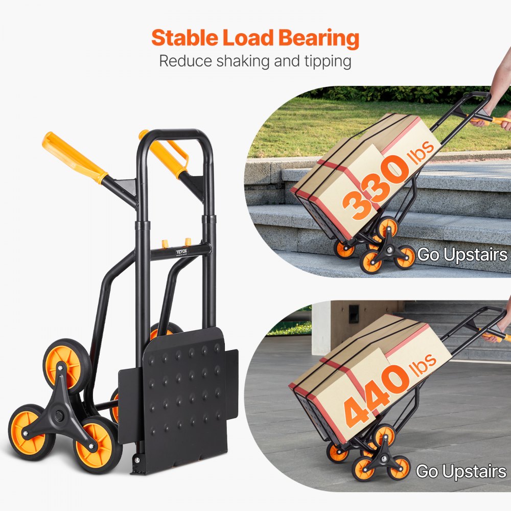 VEVOR Stair Climbing Cart, 440 lbs Capacity Stair Climber Hand Truck and Dolly, Heavy-Duty Folding Trolley Cart with Dual Handle, 6 Wheels & 2 Elastic Ropes for Home Office Shopping Moving Warehouse