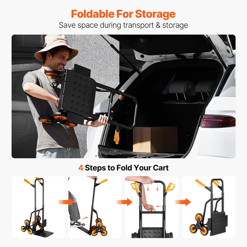 VEVOR Stair Climbing Cart, 440 lbs Capacity Stair Climber Hand Truck and Dolly, Heavy-Duty Folding Trolley Cart with Dual Handle, 6 Wheels & 2 Elastic Ropes for Home Office Shopping Moving Warehouse