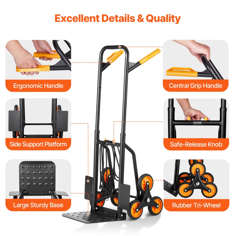 VEVOR Stair Climbing Cart, 440 lbs Capacity Stair Climber Hand Truck and Dolly, Heavy-Duty Folding Trolley Cart with Dual Handle, 6 Wheels & 2 Elastic Ropes for Home Office Shopping Moving Warehouse