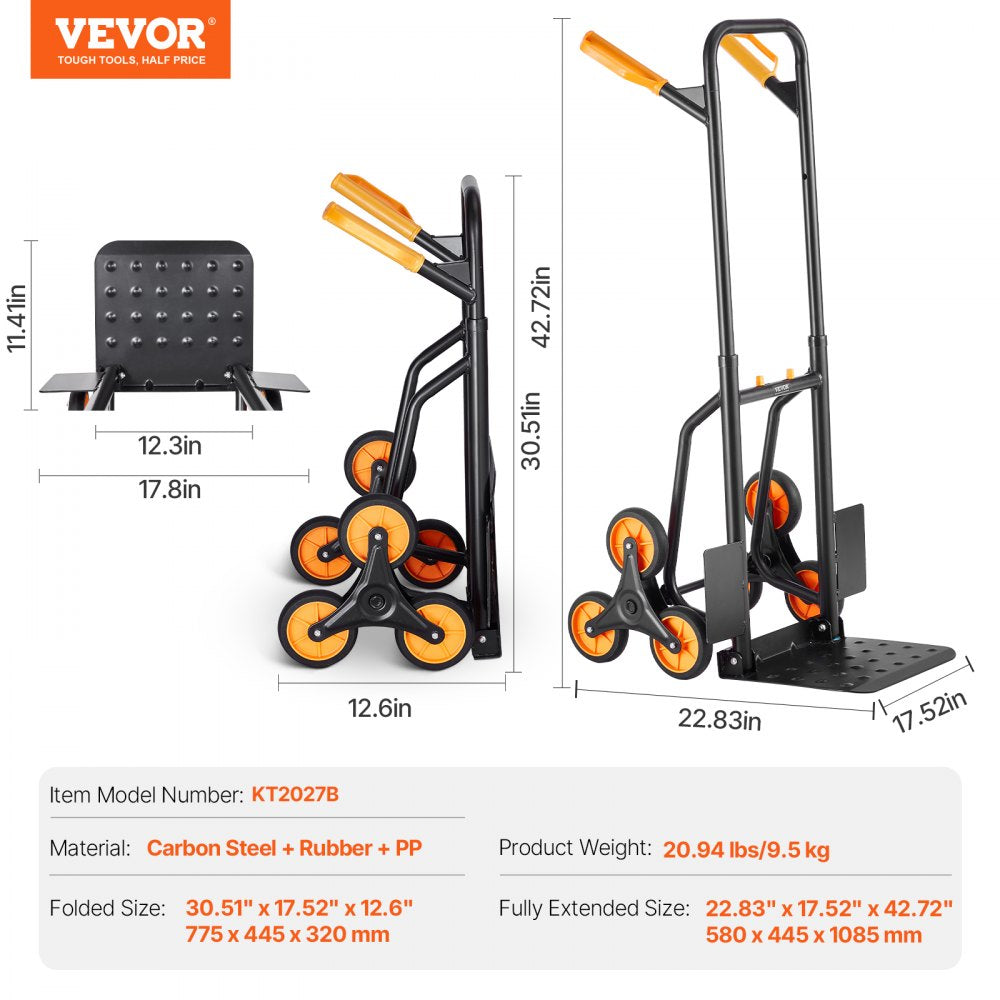 VEVOR Stair Climbing Cart, 440 lbs Capacity Stair Climber Hand Truck and Dolly, Heavy-Duty Folding Trolley Cart with Dual Handle, 6 Wheels & 2 Elastic Ropes for Home Office Shopping Moving Warehouse