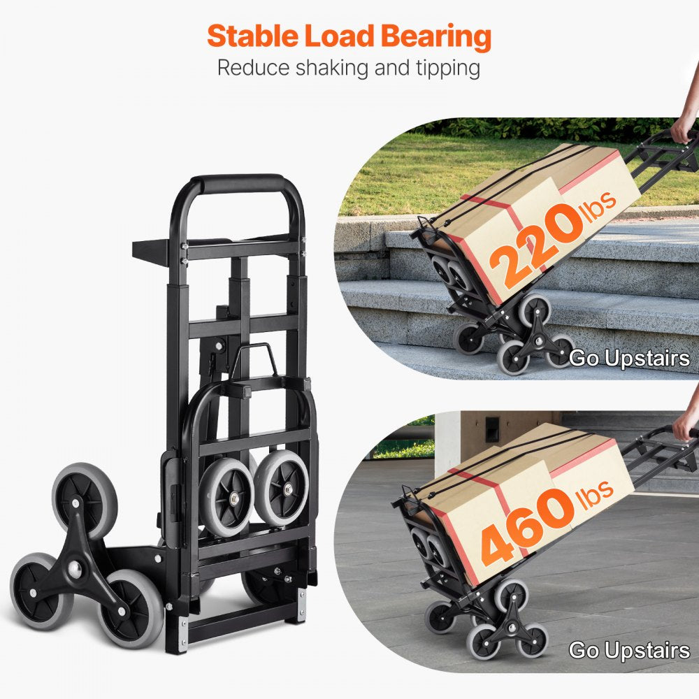 VEVOR Stair Climbing Cart, 460 lbs Capacity Stair Climber Hand Truck and Dolly, Heavy-Duty Folding Trolley Cart with Dual Handle, 6 Wheels & 2 Elastic Ropes for Home Office Shopping Moving Warehouse