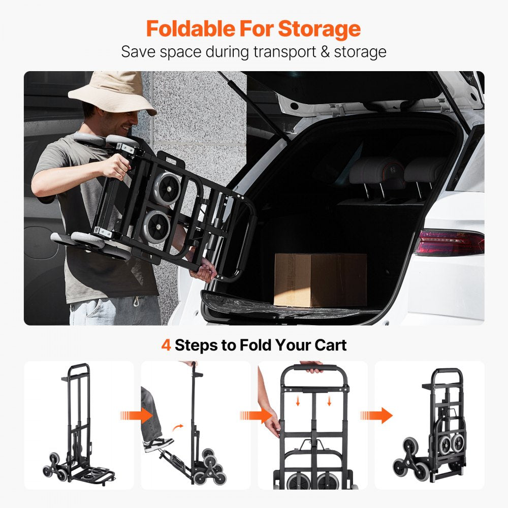 VEVOR Stair Climbing Cart, 460 lbs Capacity Stair Climber Hand Truck and Dolly, Heavy-Duty Folding Trolley Cart with Dual Handle, 6 Wheels & 2 Elastic Ropes for Home Office Shopping Moving Warehouse