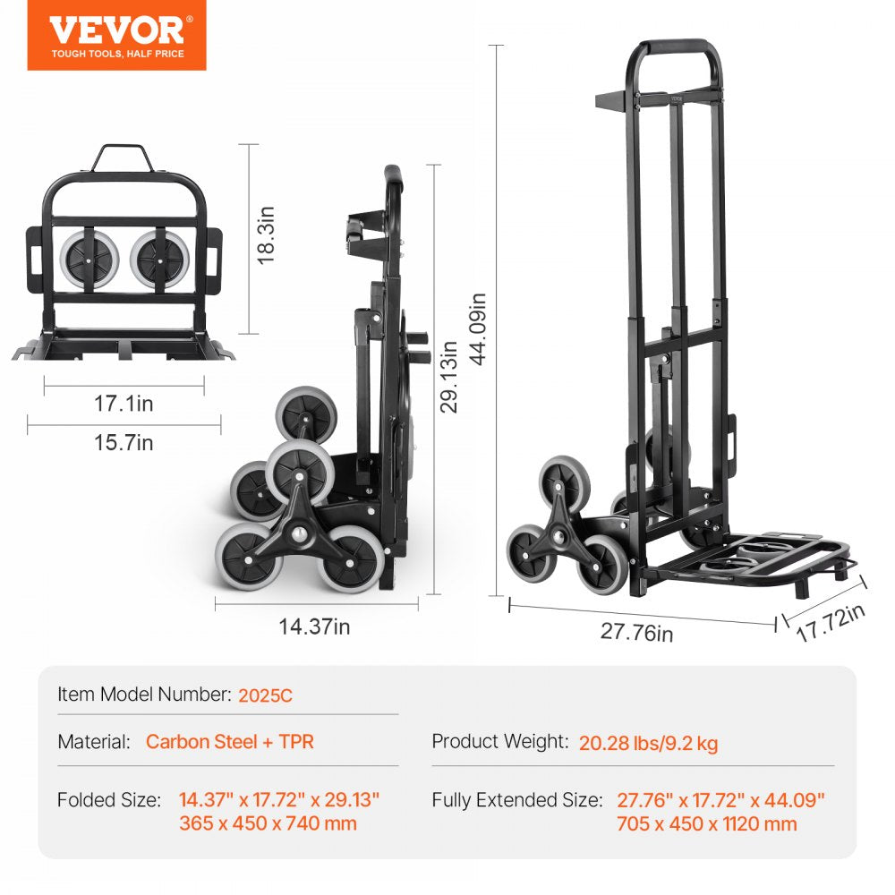 VEVOR Stair Climbing Cart, 460 lbs Capacity Stair Climber Hand Truck and Dolly, Heavy-Duty Folding Trolley Cart with Dual Handle, 6 Wheels & 2 Elastic Ropes for Home Office Shopping Moving Warehouse