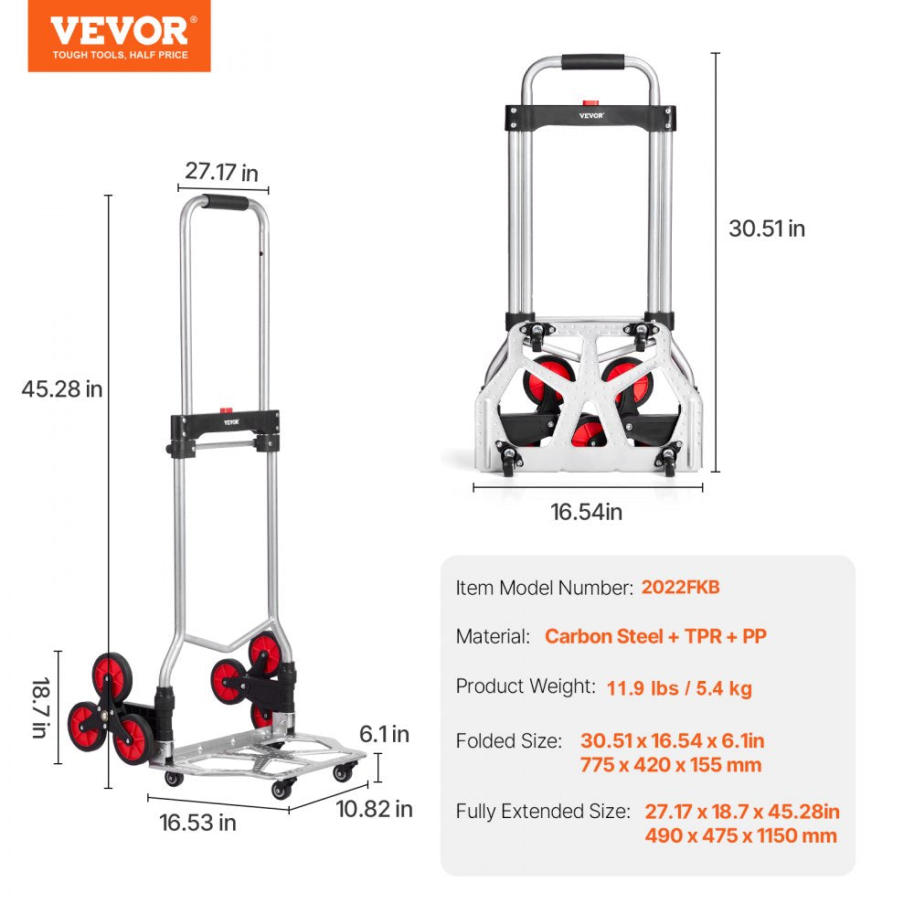 VEVOR Stair Climbing Cart, 260 lbs Capacity Stair Climber Hand Truck and Dolly, Heavy-Duty Folding Trolley Cart with Telescoping Handle, 10 Wheels & 2 Elastic Ropes for Home Shopping Moving Warehouse