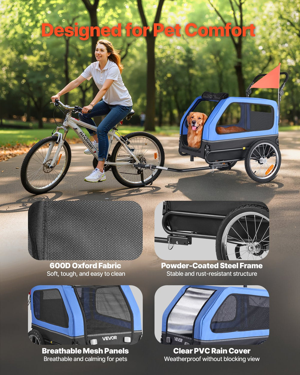 VEVOR Dog Bike Trailer, Supports up to 88 lbs, 2-in-1 Pet Stroller Cart Bicycle Carrier for Small & Large Dogs, Easy Folding Frame with Quick Release Wheel, Universal Bicycle Coupler, Internal Leash
